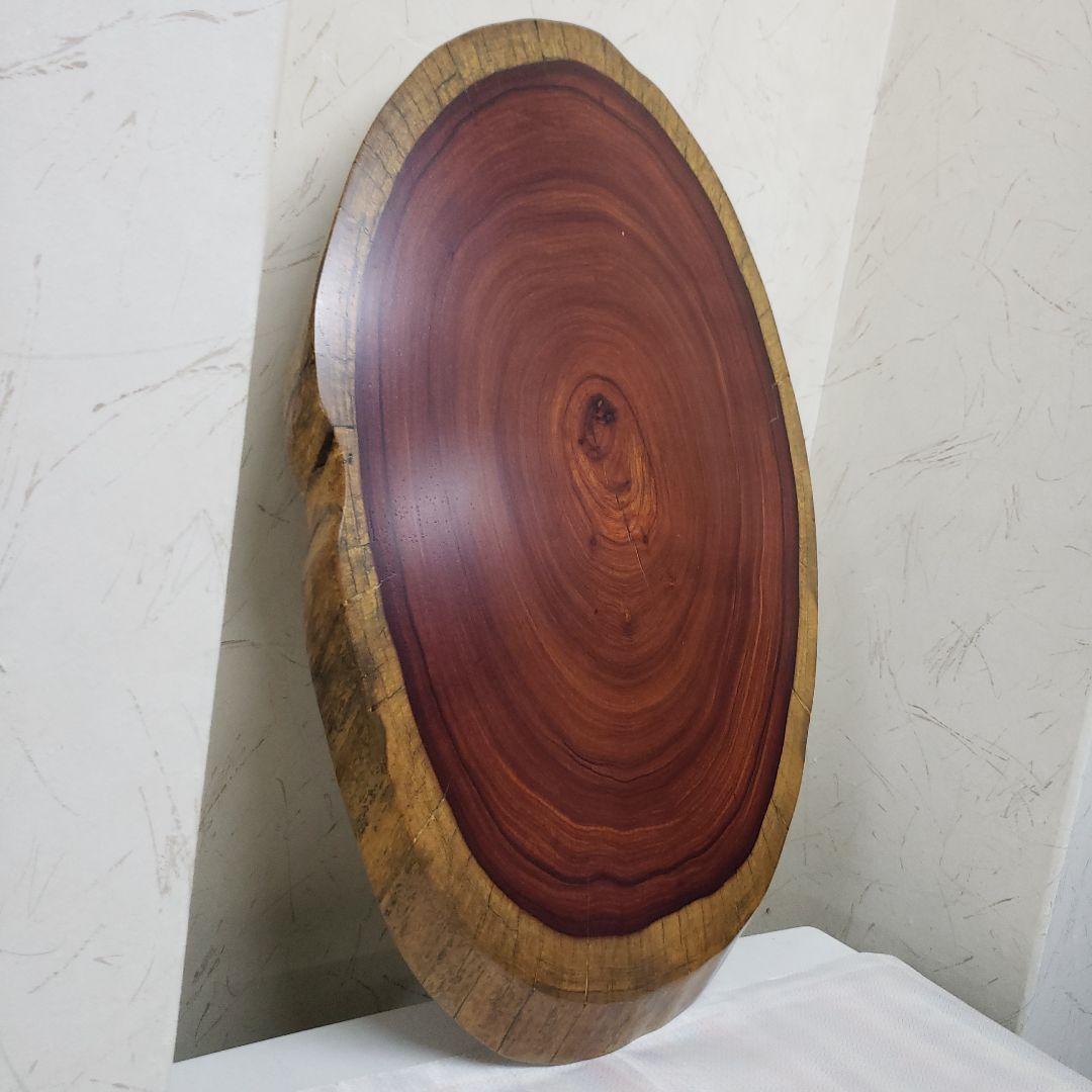 蔵出し特価紫檀製無垢はす切り花台　円形テーブル 赤褐色 大きめ５５×３６×３cm