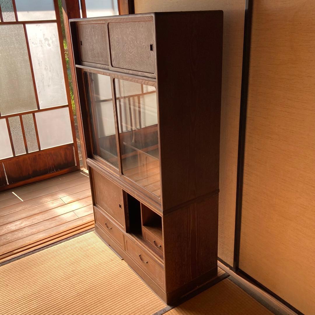 ① 茶箪笥　現地引取り値引き　和風木製ガラス扉収納棚　違棚　アンティーク
