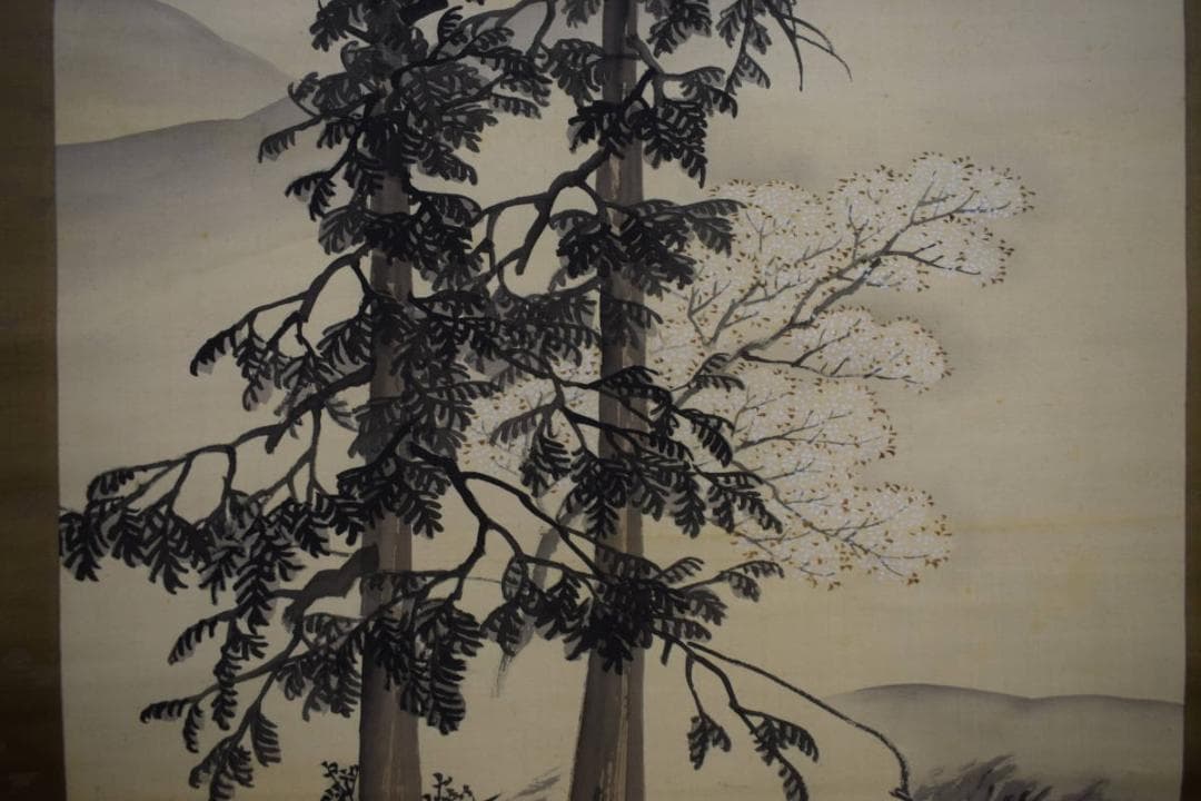 真作/前川文嶺/桜花山水図/絹表装/布袋屋掛軸HG-487