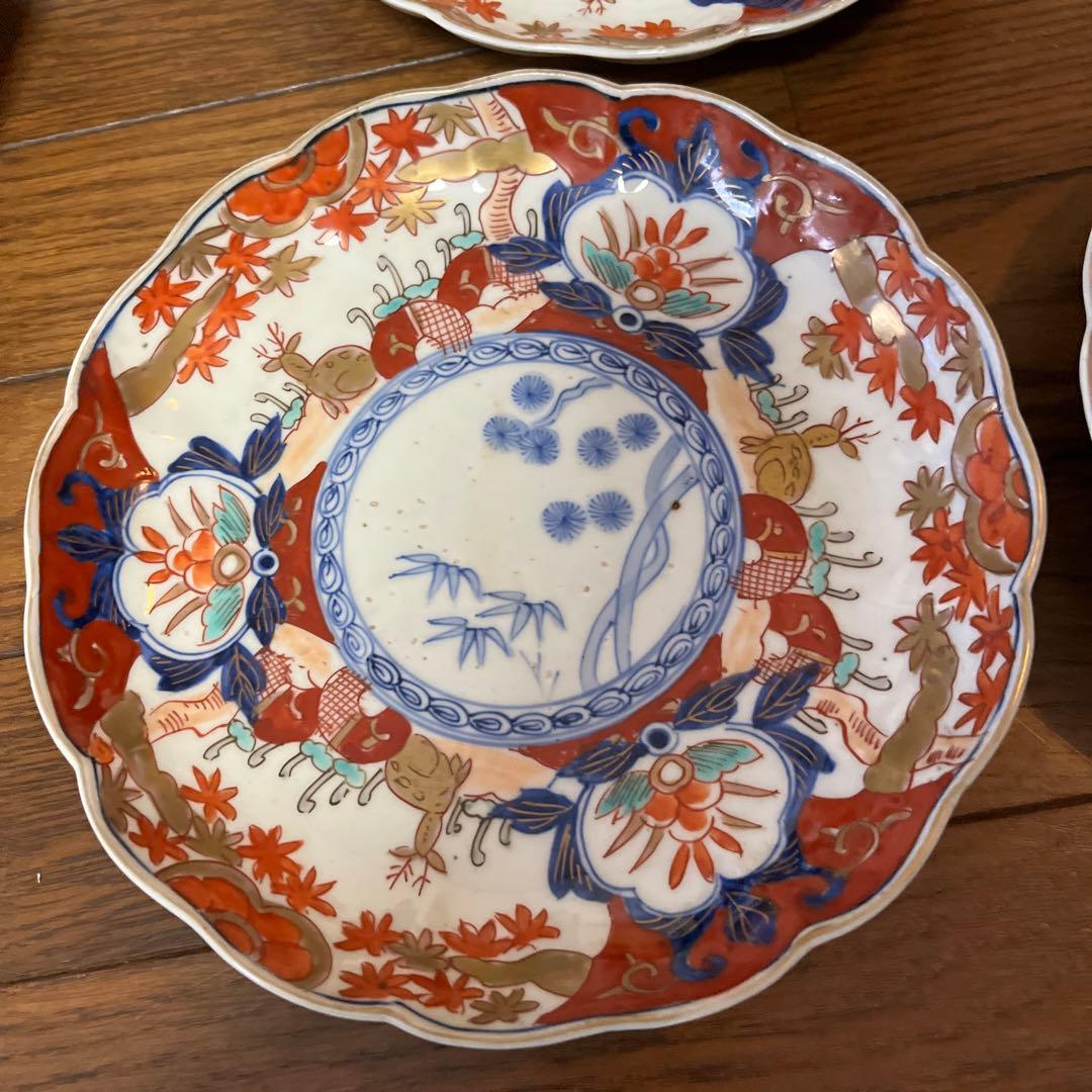 限定最終処分特価　古伊万里色絵大きめ中皿五枚セット完品　シカと紅葉　素敵な食卓