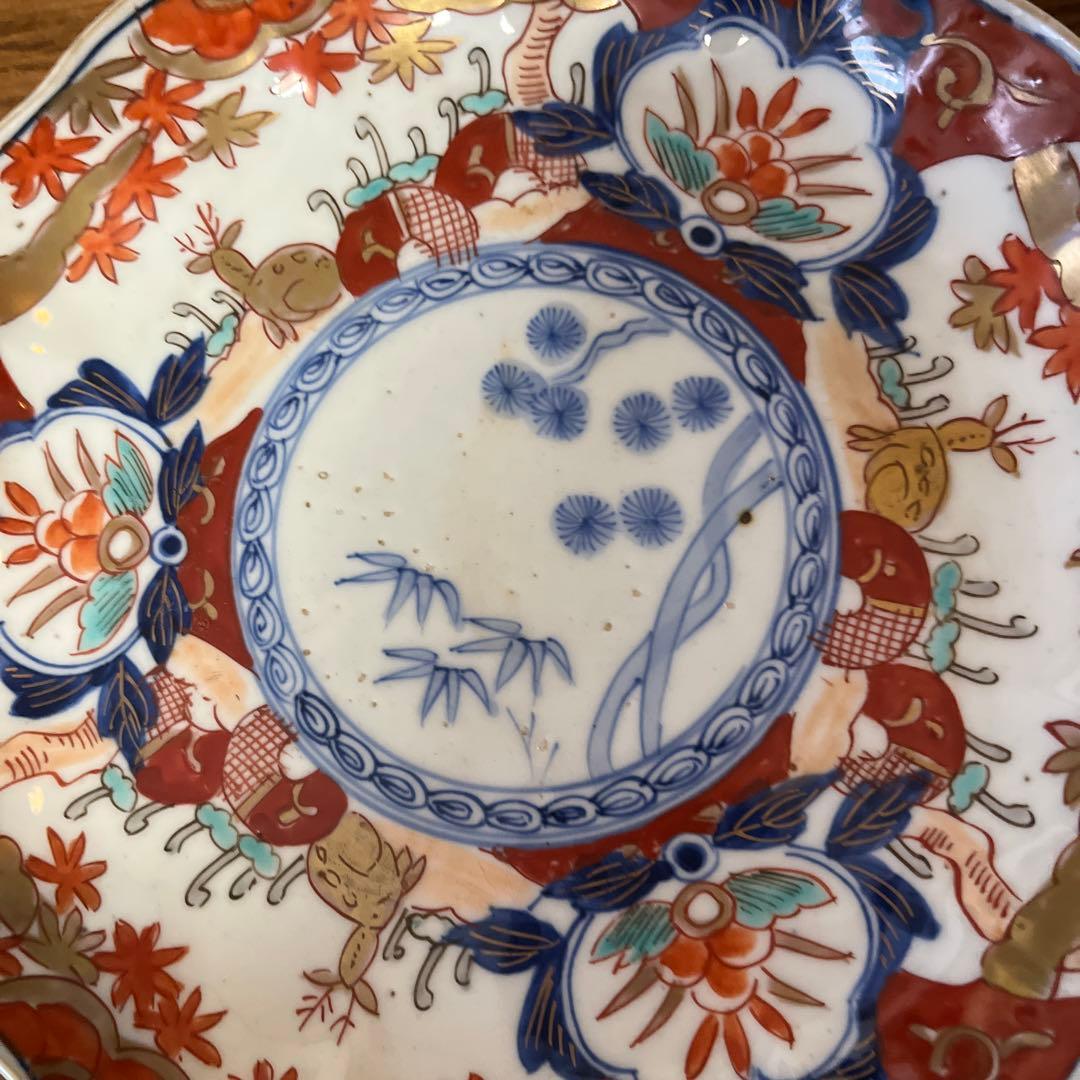 限定最終処分特価　古伊万里色絵大きめ中皿五枚セット完品　シカと紅葉　素敵な食卓