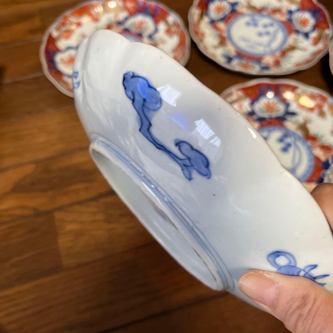 限定最終処分特価　古伊万里色絵大きめ中皿五枚セット完品　シカと紅葉　素敵な食卓