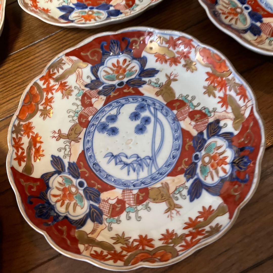 限定最終処分特価　古伊万里色絵大きめ中皿五枚セット完品　シカと紅葉　素敵な食卓