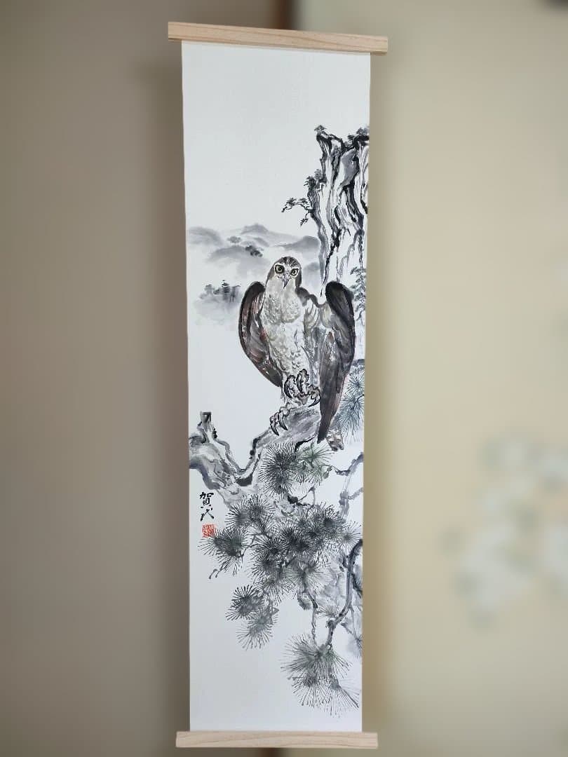 水墨画　墨彩　 鷹 　木製フレーム付き