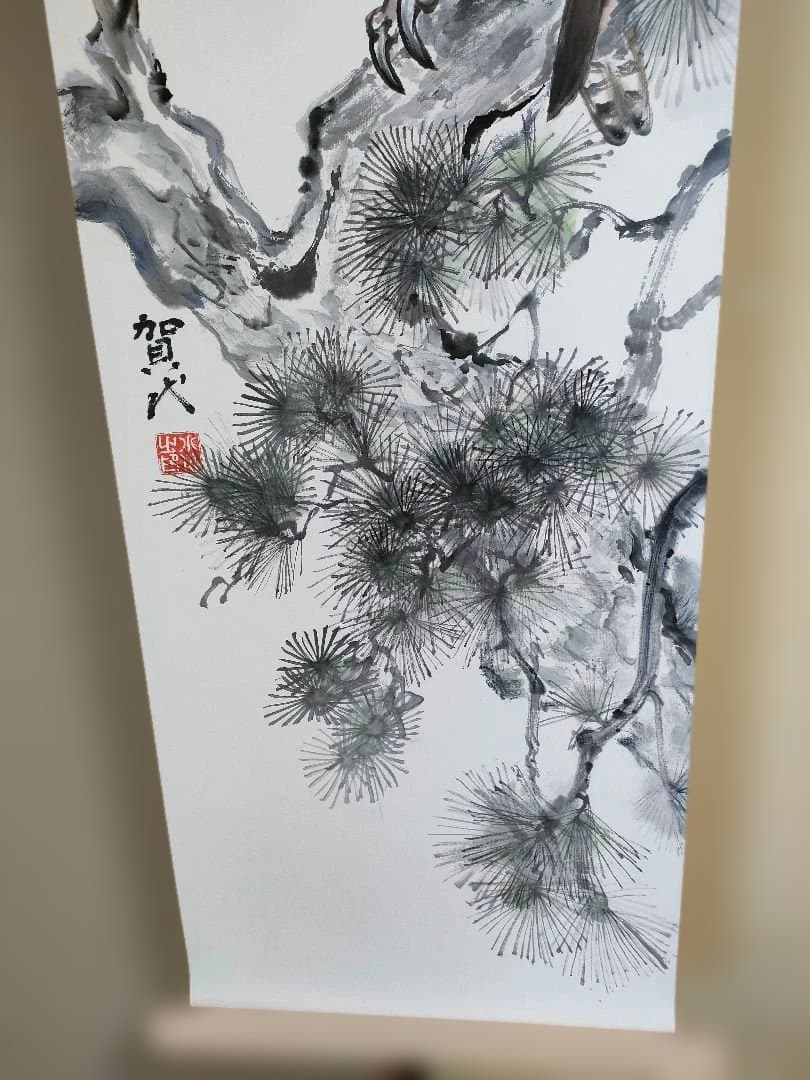 水墨画　墨彩　 鷹 　木製フレーム付き