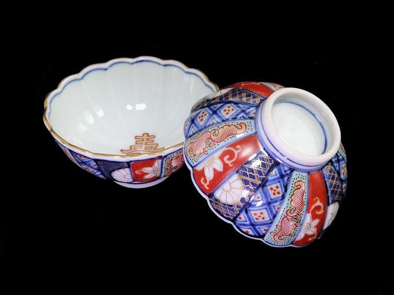 大聖寺伊万里　金襴手　寿紋に輪花豆楕円変形皿　向付　2客　E748AS-CSk