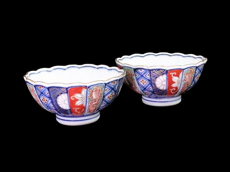 大聖寺伊万里　金襴手　寿紋に輪花豆楕円変形皿　向付　2客　E748AS-CSk