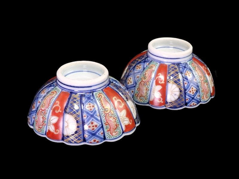 大聖寺伊万里　金襴手　寿紋に輪花豆楕円変形皿　向付　2客　E748AS-CSk