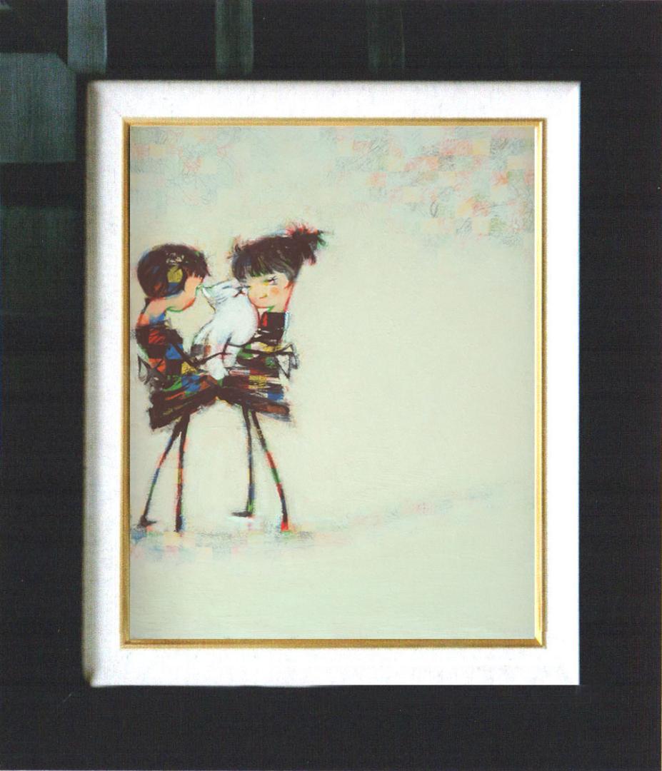 油絵 菅家令子絵 絵画インテリア額付(青緑＋金色の枠)F4-072619猫女の子