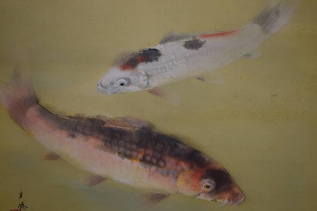 真作/東原方僊/遊鯉図/絹表装/桐共箱二重箱付/布袋屋掛軸HE-590