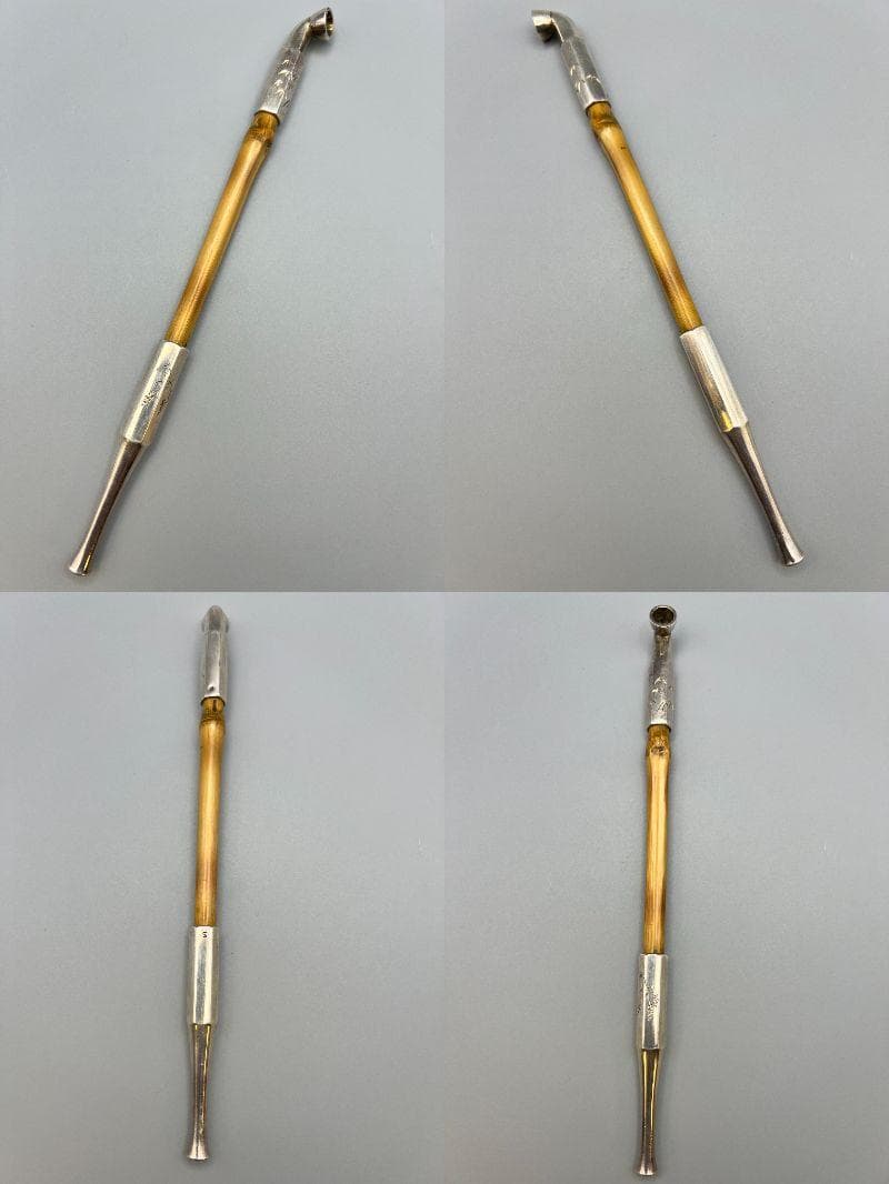 明治時代　竹製キセル入れ　在銘　紫檀製瓢箪高肉　蝸牛萌絵　骨製根〆　純銀製キセル