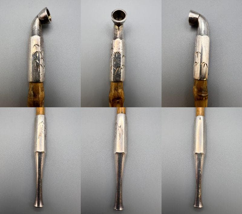 明治時代　竹製キセル入れ　在銘　紫檀製瓢箪高肉　蝸牛萌絵　骨製根〆　純銀製キセル