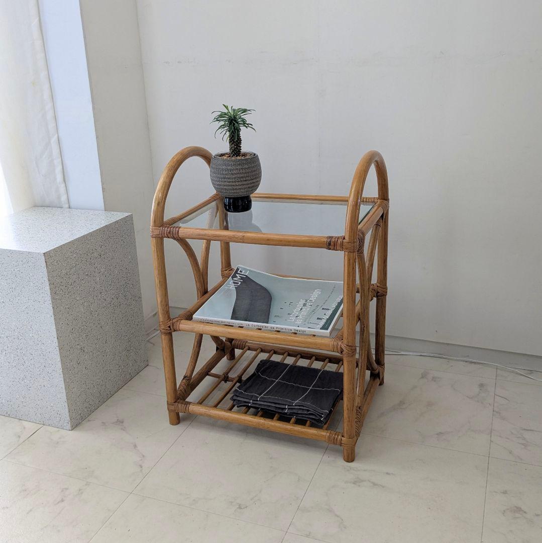 ラタン製 ラック サイド ボード チェスト ガラス天板 藤 ヴィンテージ