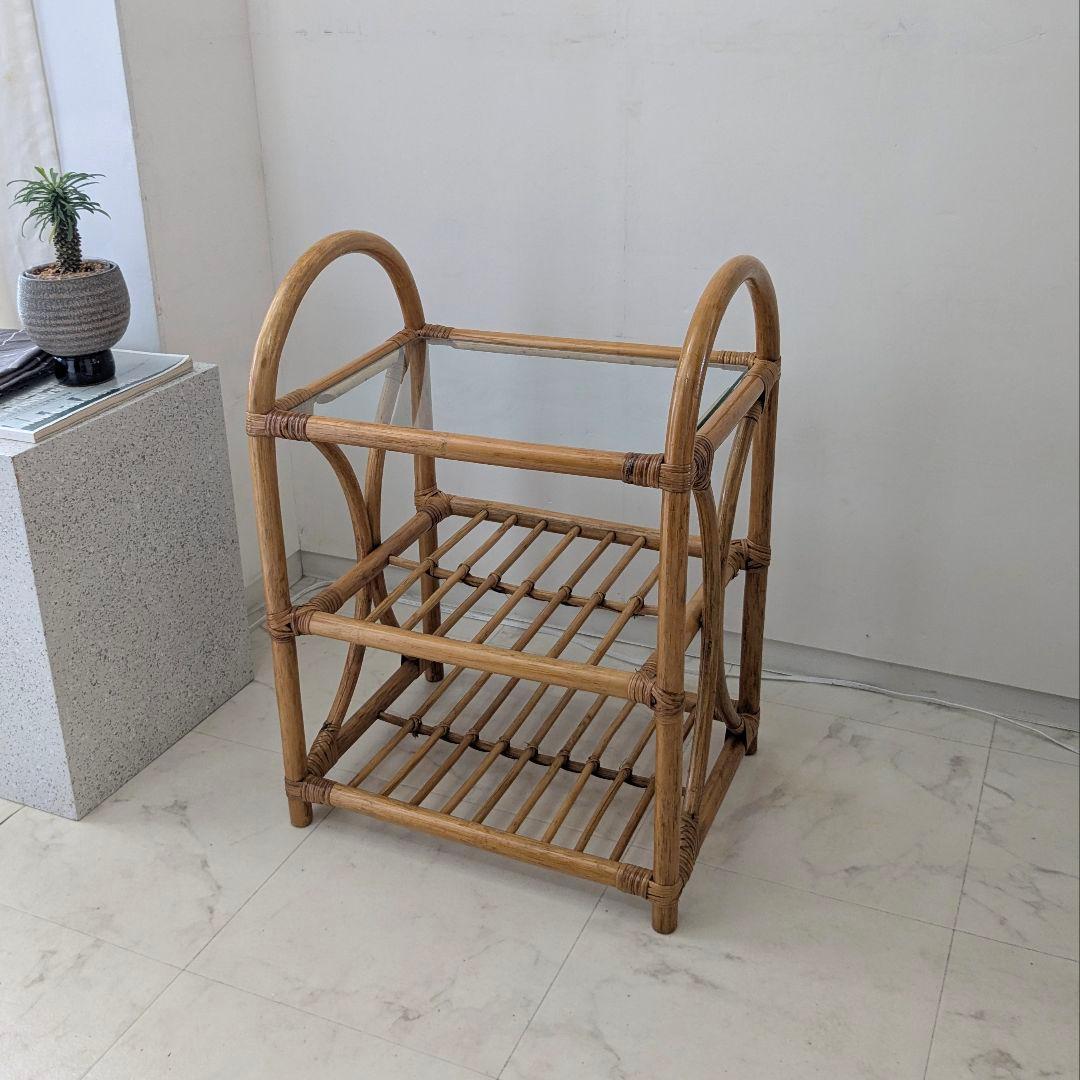 ラタン製 ラック サイド ボード チェスト ガラス天板 藤 ヴィンテージ