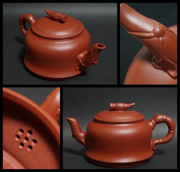 中国紫砂芸術家 王国望造 紫砂壺 細工彫り『蓮文』黄龍山鉱紫砂泥使用 手造り急須