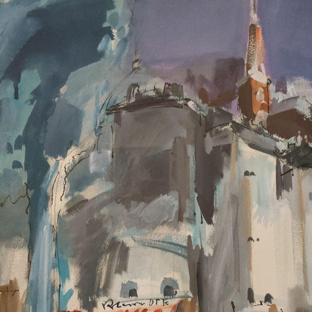 森島澄子　水彩画『街角巴里』1984年制作、直筆サイン入