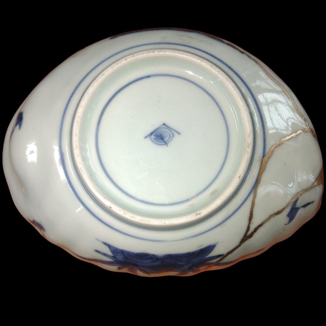 江戸時代　金彩海藻文アワビ型皿　金継ぎ