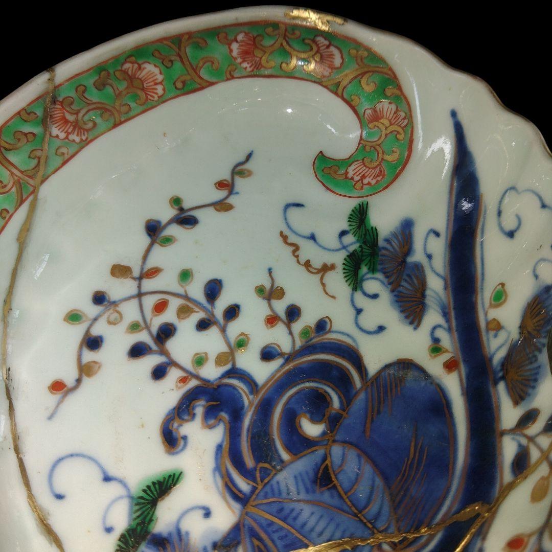 江戸時代　金彩海藻文アワビ型皿　金継ぎ