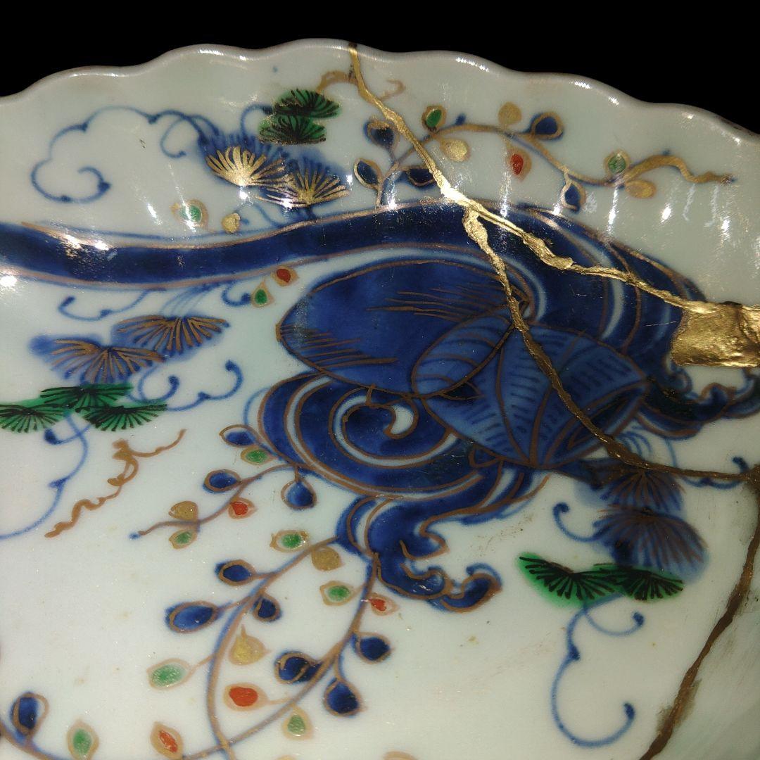 江戸時代　金彩海藻文アワビ型皿　金継ぎ