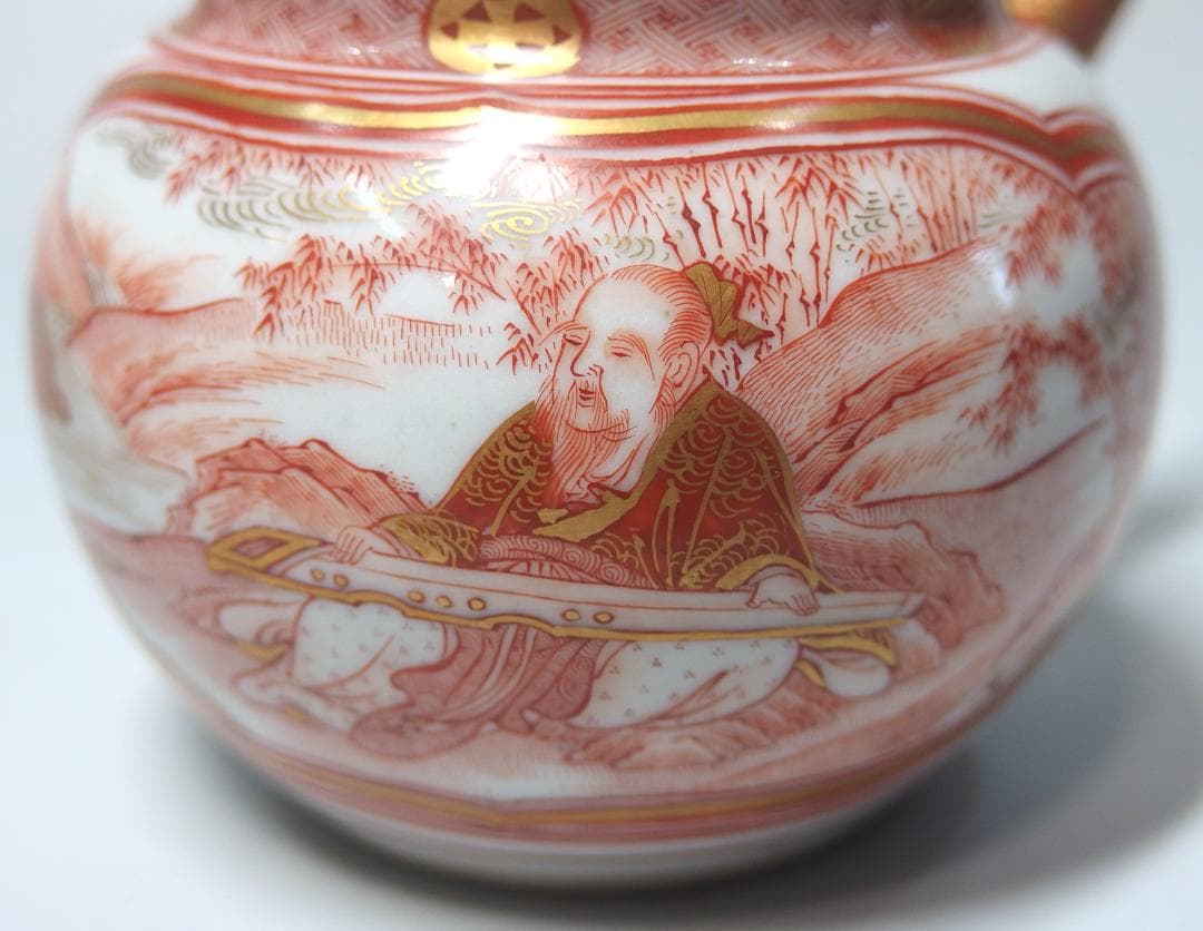 初代中村秋塘作/赤絵人物急須/赤絵細密/共箱/煎茶道具