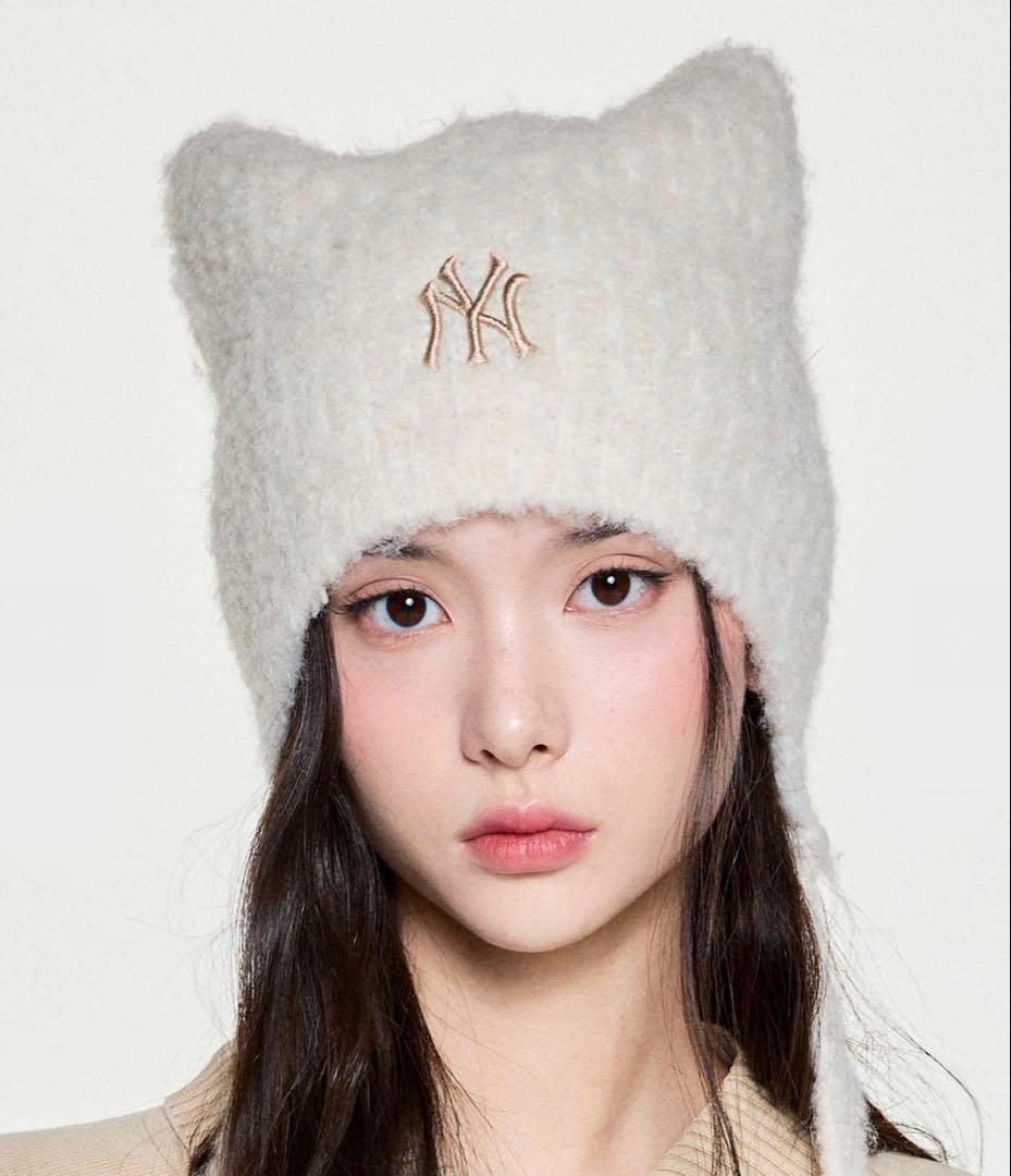 再入荷☆MLB Korea 猫耳 ミヤオン ビーニー 紐付き 韓国限定 白
