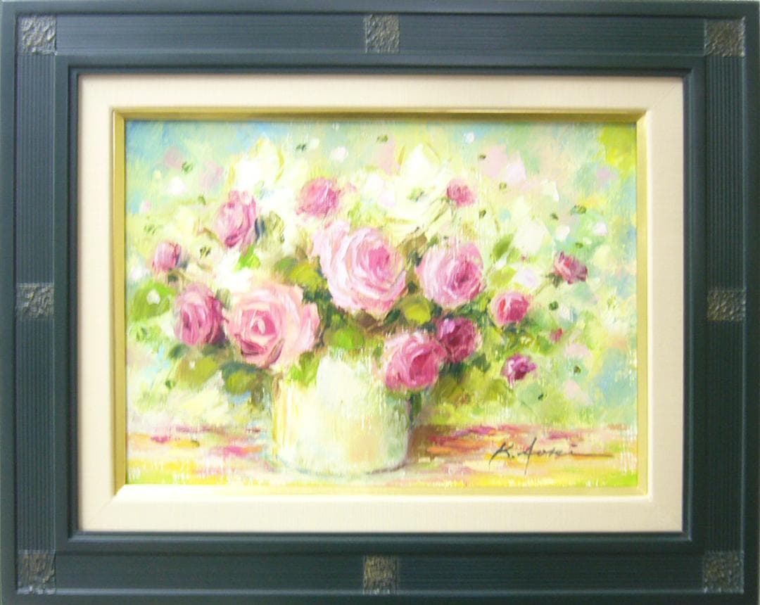 絵画 油絵 青木今陽 肉筆油絵 ピンク色の薔薇