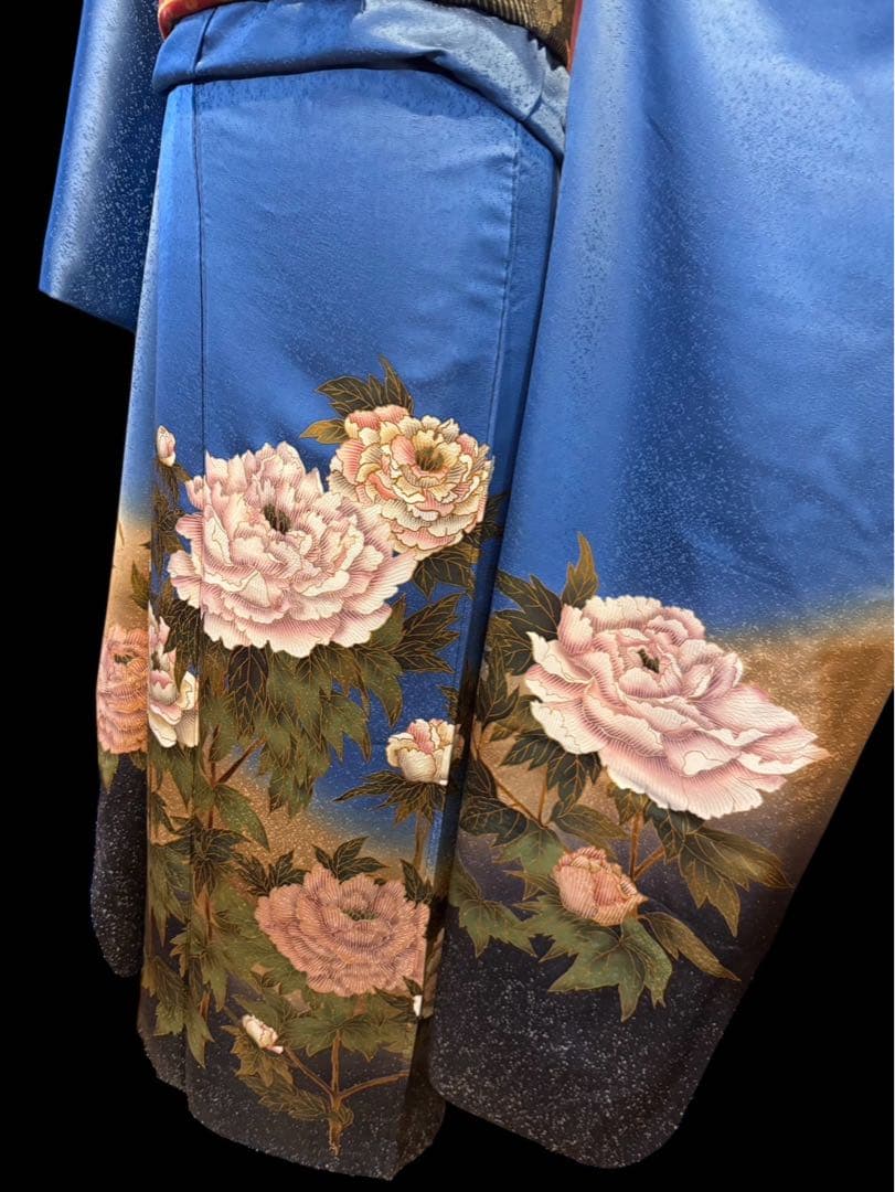 ブルー系の素敵な振袖・袋帯・帯揚げ・帯締めセット セミアンティーク ヴィンテージ