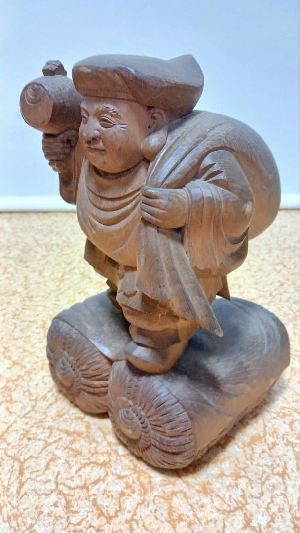 木彫　廣元作　【大黒天】　在銘　 七福神　 縁起物　 大黒様　木像　仏像　共箱