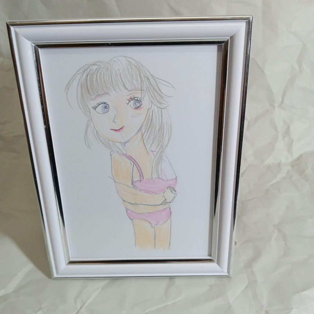 ピンク水着の美人キャラクター色鉛筆画