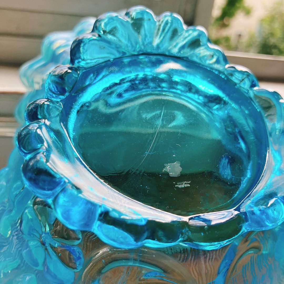 ブルー　オパルセント　ウランガラス　フリル ボウル フェントンかも