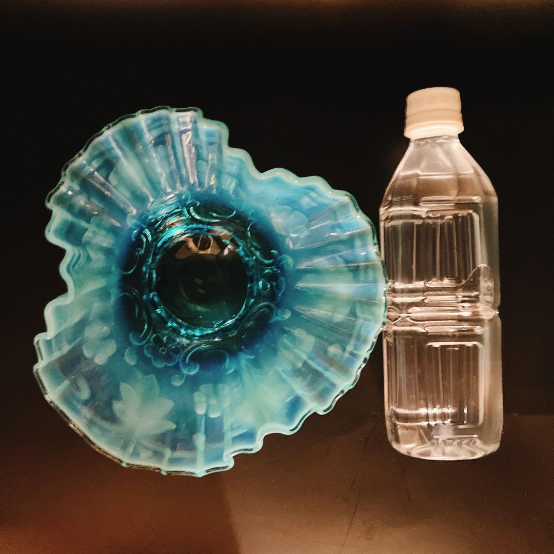 ブルー　オパルセント　ウランガラス　フリル ボウル フェントンかも