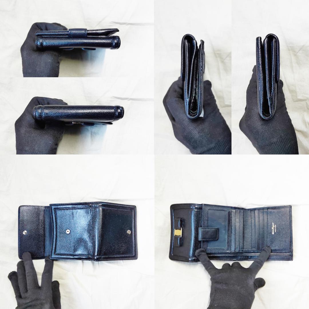 箱付き 良品 フェラガモ Ferragamo 折り財布 ヴァラ リボン ブラック