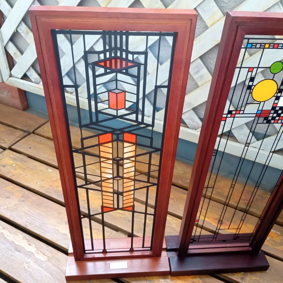 フランクロイドライト ステンドグラス木製枠２枚パレード＆ロビー邸グラスマスターズ