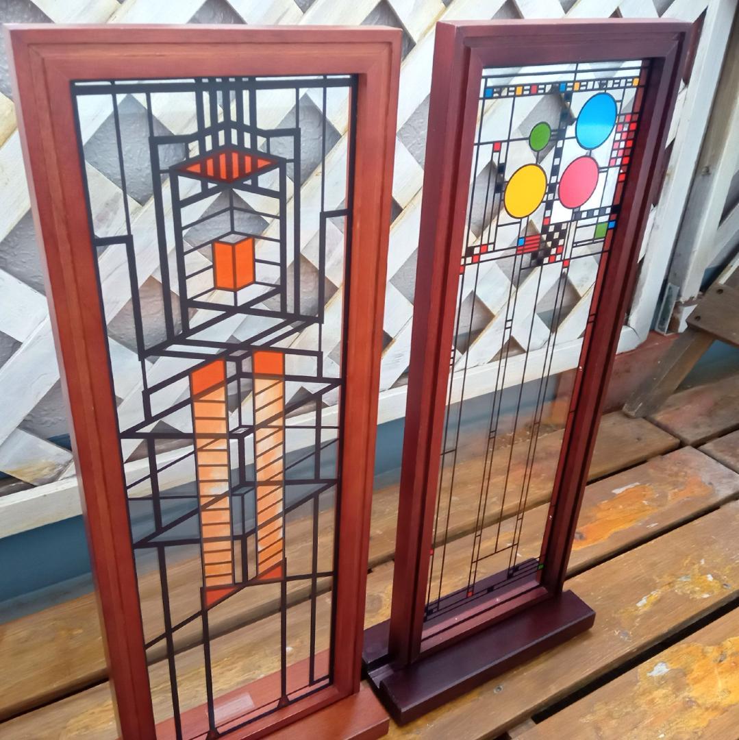フランクロイドライト ステンドグラス木製枠２枚パレード＆ロビー邸グラスマスターズ