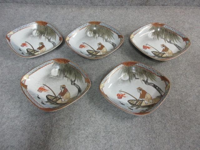九谷焼 色絵 菱形皿 5枚 [B23056] 月夜の鵜飼 小皿 古玩 古美術