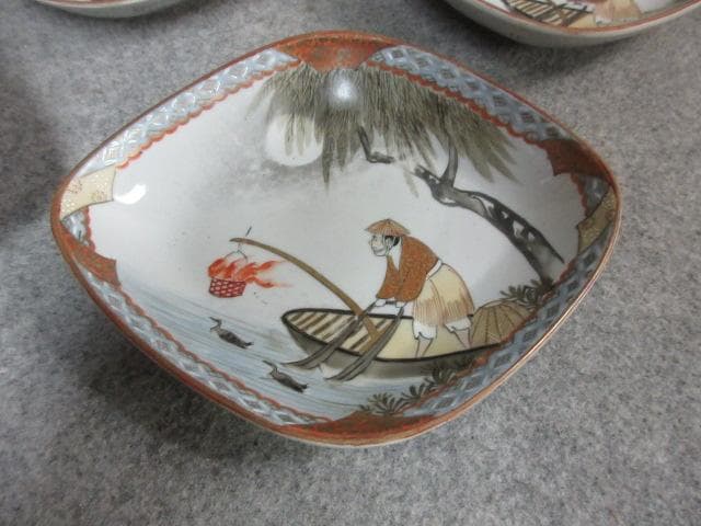 九谷焼 色絵 菱形皿 5枚 [B23056] 月夜の鵜飼 小皿 古玩 古美術