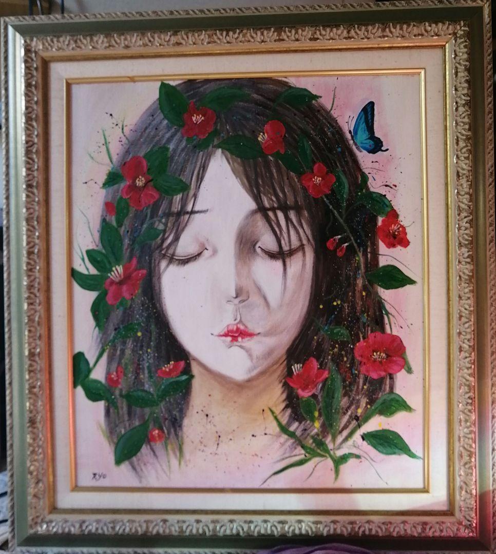 絵画　アクリル絵　キャンバス　額縁 人物画　花　蝶々