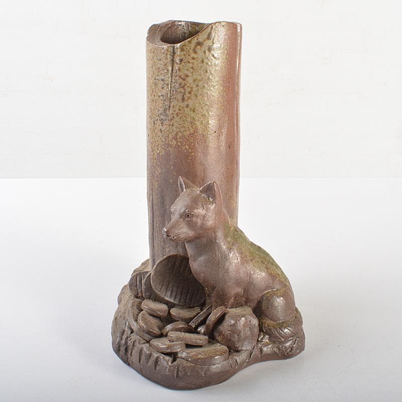 備前焼　人間国宝　金重陶陽作　犬飾り壺　花瓶　追悼30周年展冊子付　MR7258