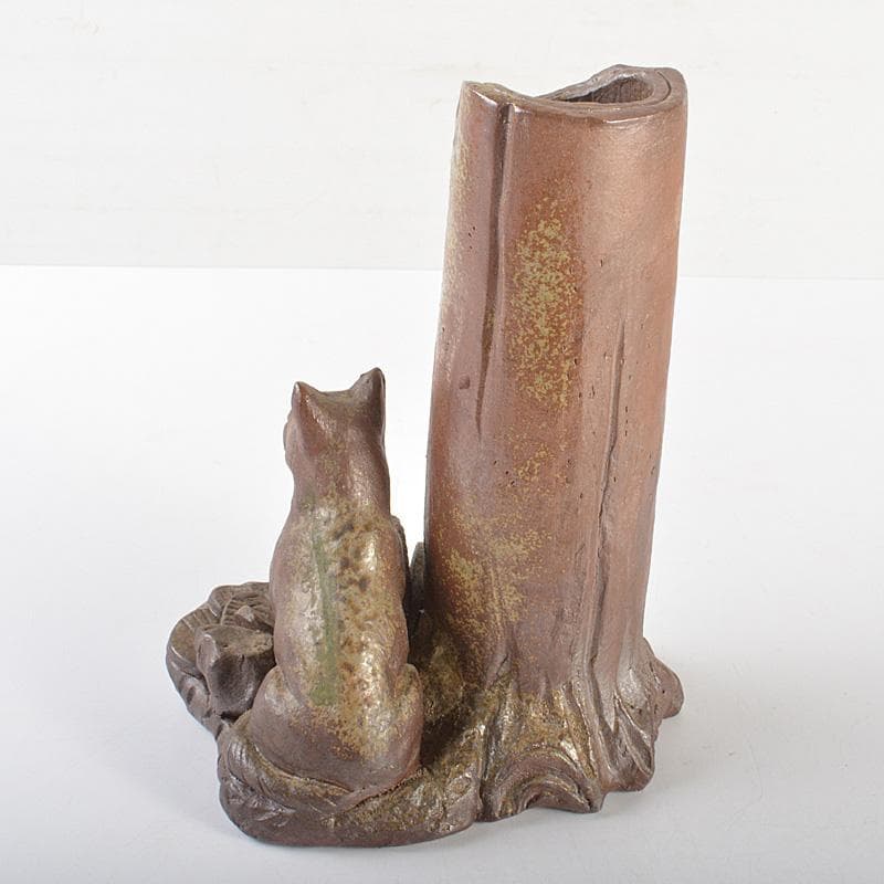 備前焼　人間国宝　金重陶陽作　犬飾り壺　花瓶　追悼30周年展冊子付　MR7258