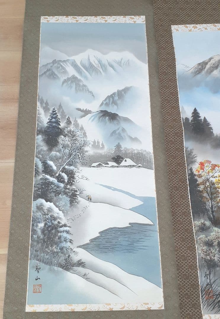 葛谷聖山　春夏秋冬 四季山水図　肉筆絹本　四幅掛軸　共箱　美品