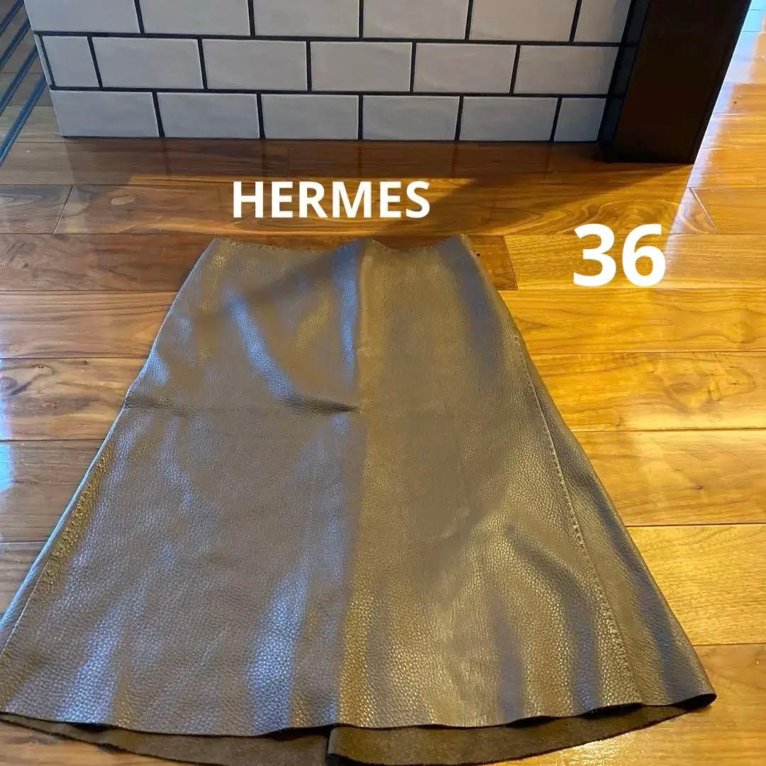 美品　エルメス　スカート　36ブラウン系 牛革　レザー