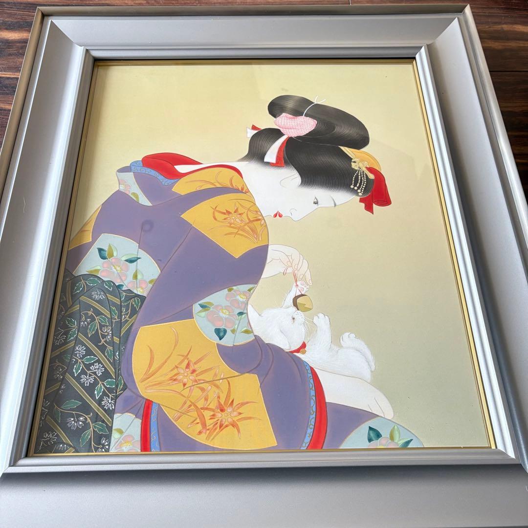 堀江浮水 (堀江豊生)「愛猫」額装 共シール 美人画 日本画 A