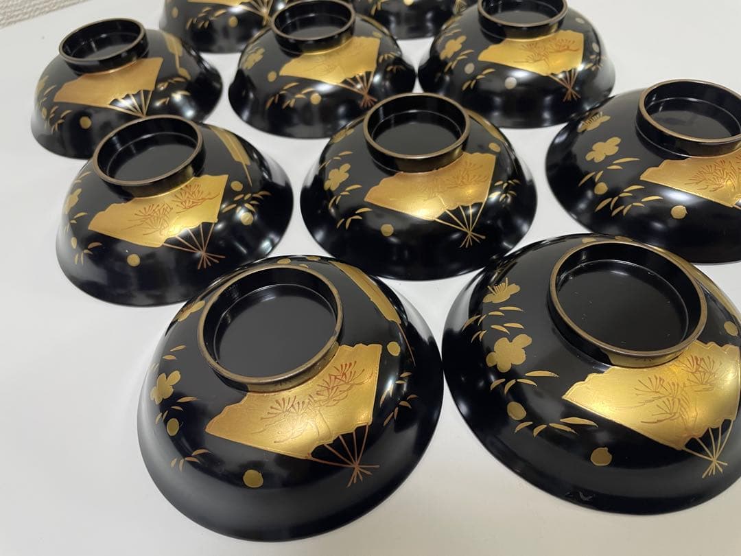 漆器 輪島塗 金蒔絵 扇柄 黒 内黒 吸物 割烹 蓋付き10客個 お煮物椀