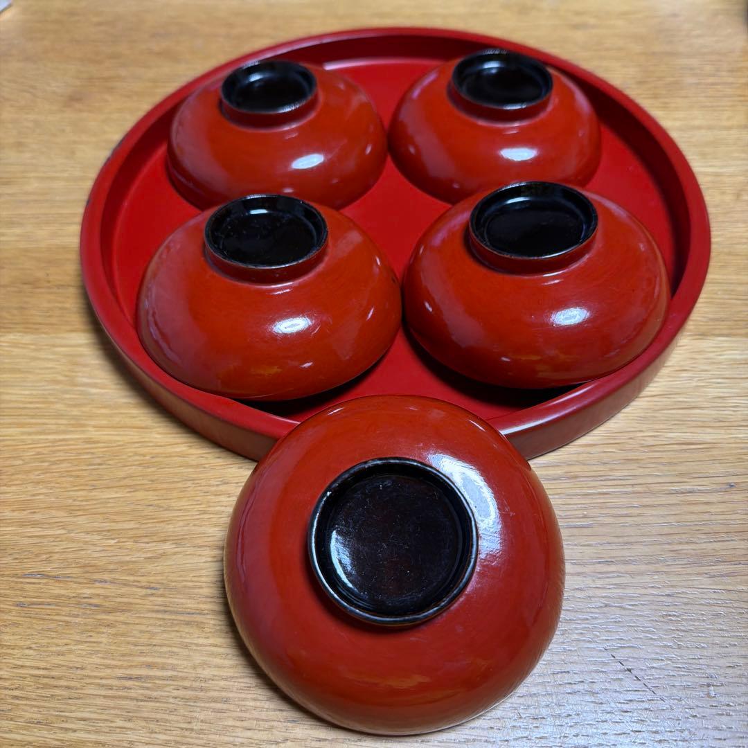 老松鶴亀文蒔絵　酒盃　小皿　5客セット 金彩漆塗り　漆器丸型杯 本漆　祝い　骨董