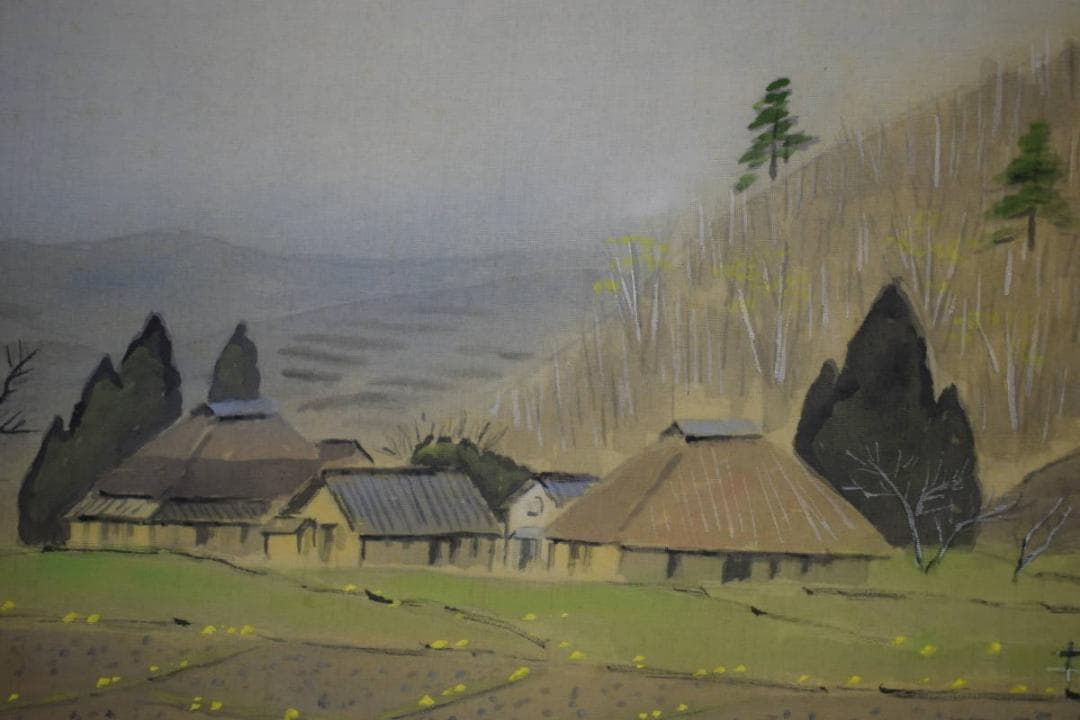 真作/湯上呂久/春耕/山水人物図/桐共箱付/布袋屋掛軸HH-869