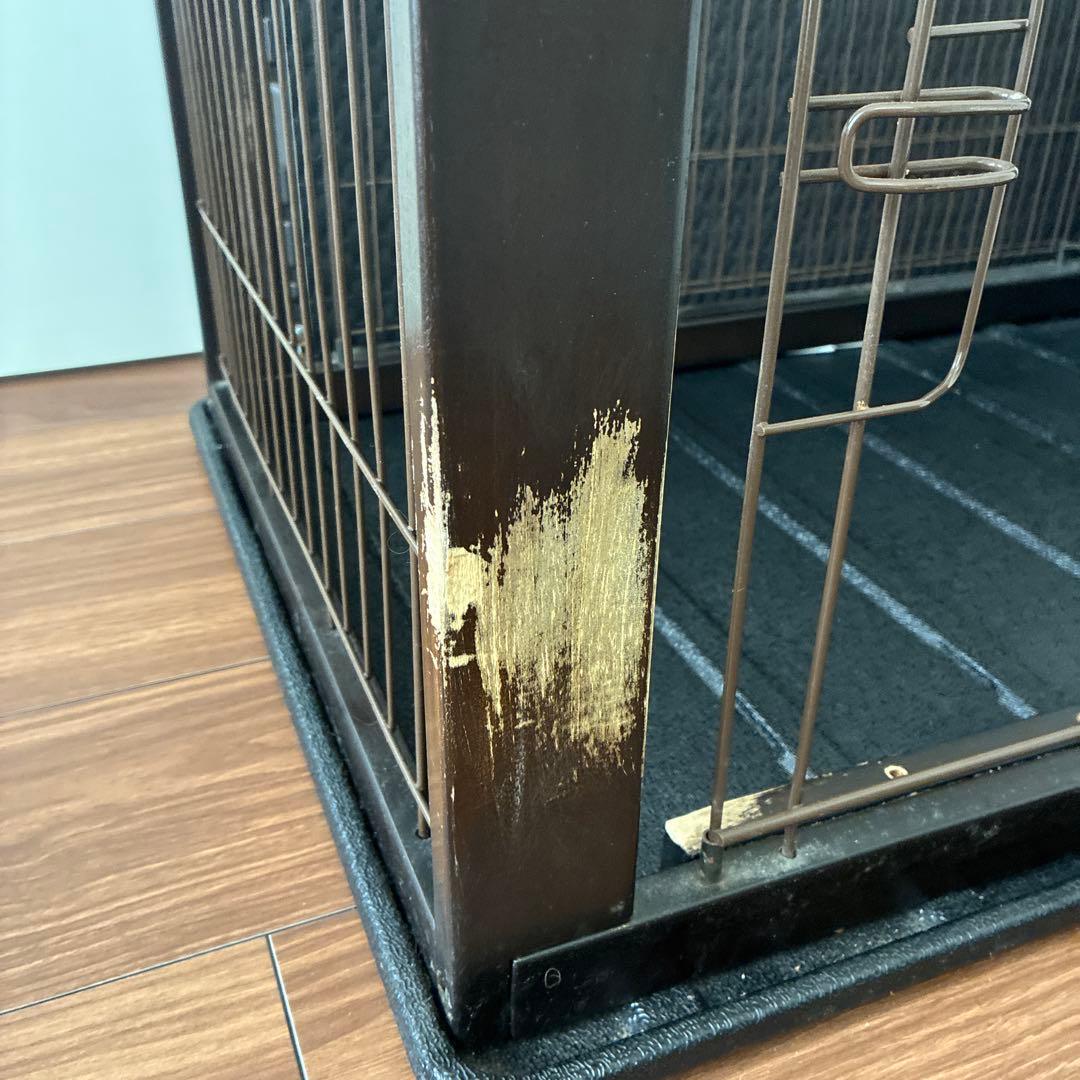 天然木　伸縮木製スライドペットサークル ダークブラウン　屋根・トレイ付き