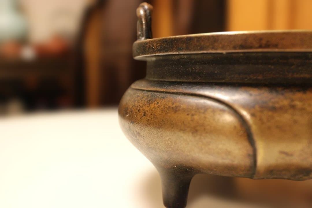 唐物　大明宣徳年製　銅製香炉 ドラゴン彫刻付き　時代保証