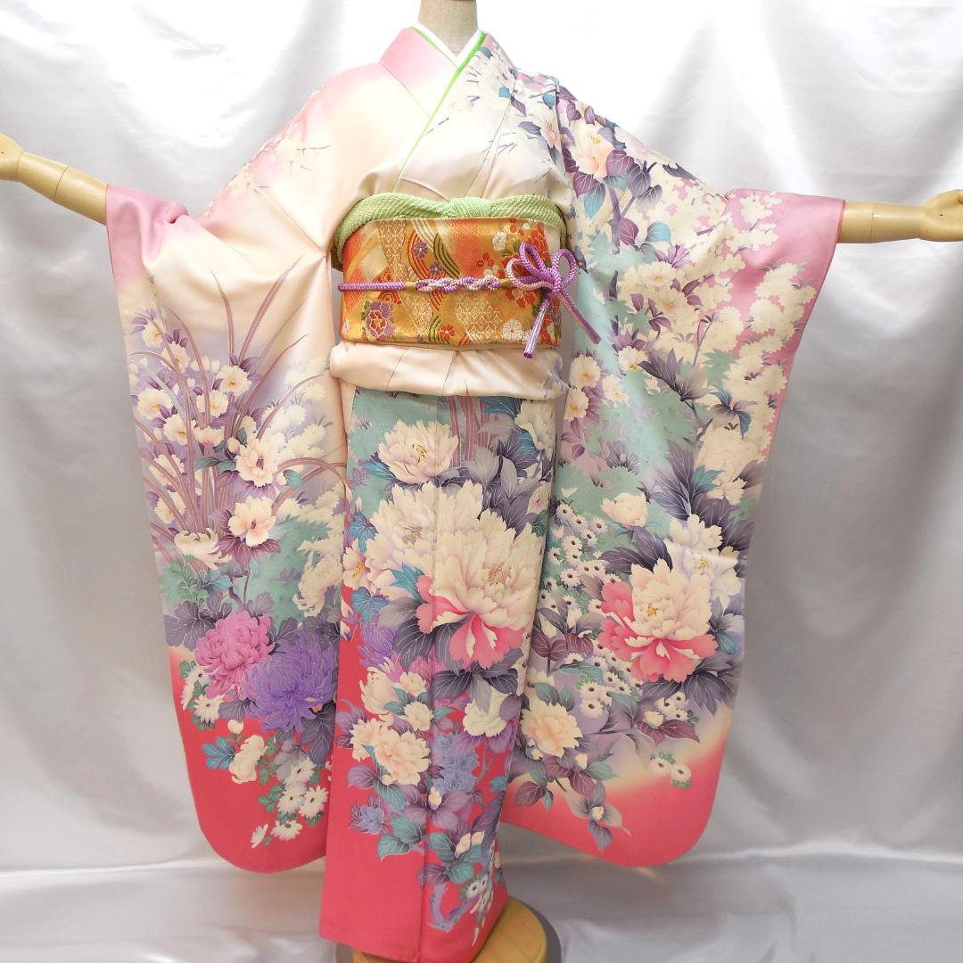美品★振袖フルセット　正絹　成人式　振袖　7点セット　Mサイズ　ピンク　花柄