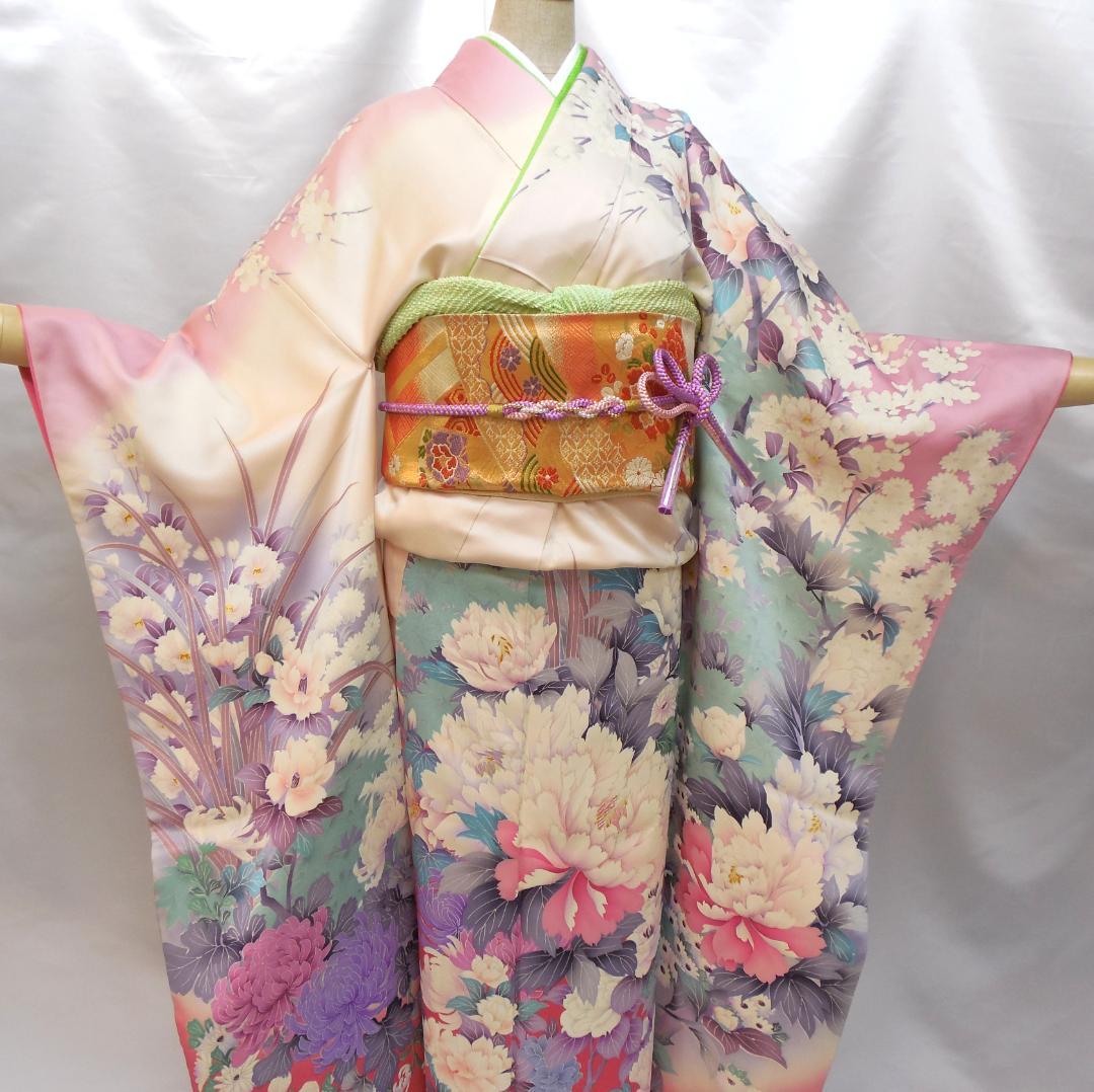 美品★振袖フルセット　正絹　成人式　振袖　7点セット　Mサイズ　ピンク　花柄