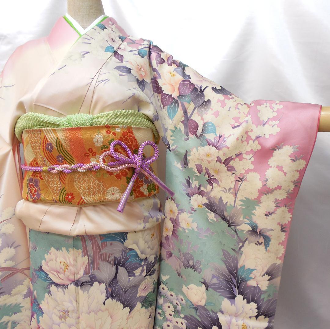 美品★振袖フルセット　正絹　成人式　振袖　7点セット　Mサイズ　ピンク　花柄